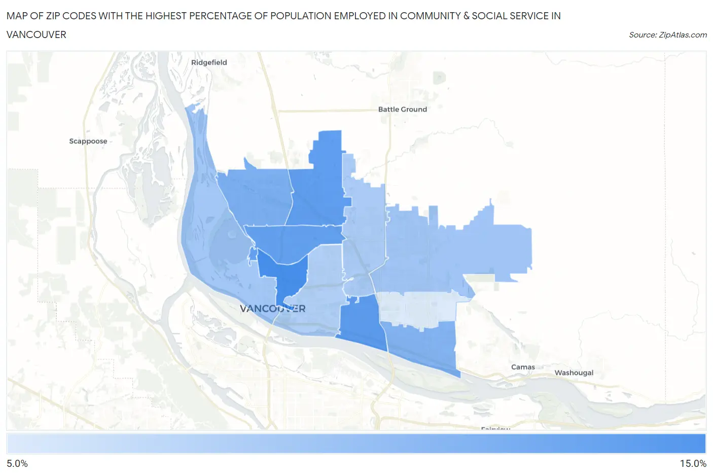 Zip Codes with the Highest Percentage of Population Employed in Community & Social Service  in Vancouver Map