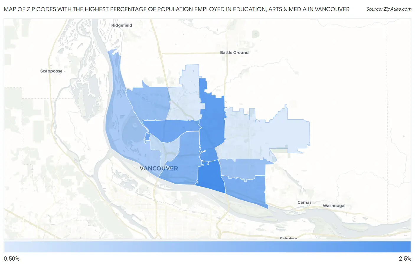 Zip Codes with the Highest Percentage of Population Employed in Education, Arts & Media in Vancouver Map