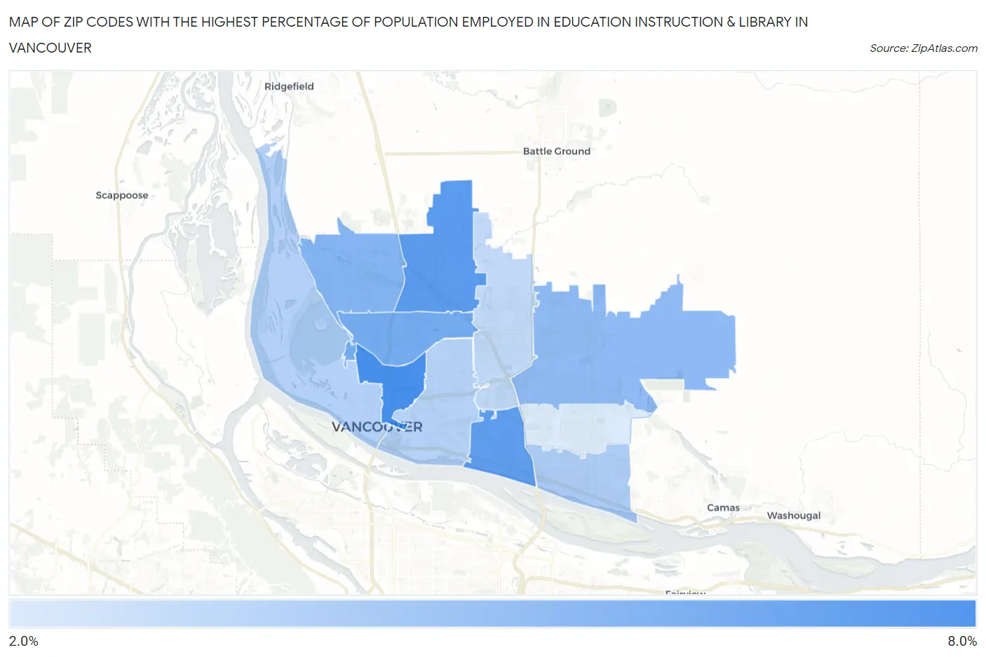 Zip Codes with the Highest Percentage of Population Employed in Education Instruction & Library in Vancouver Map