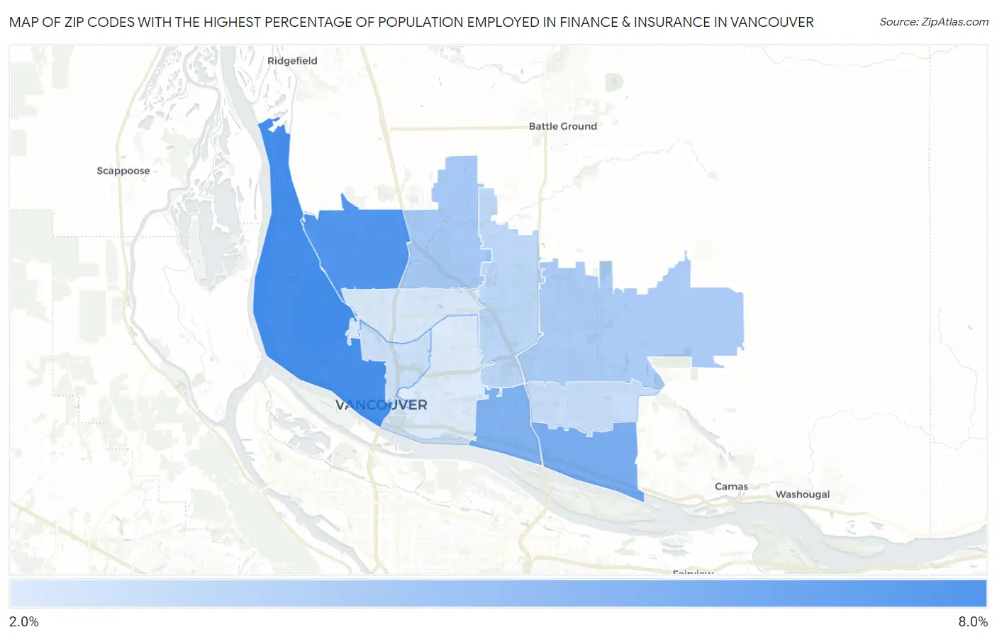 Zip Codes with the Highest Percentage of Population Employed in Finance & Insurance in Vancouver Map