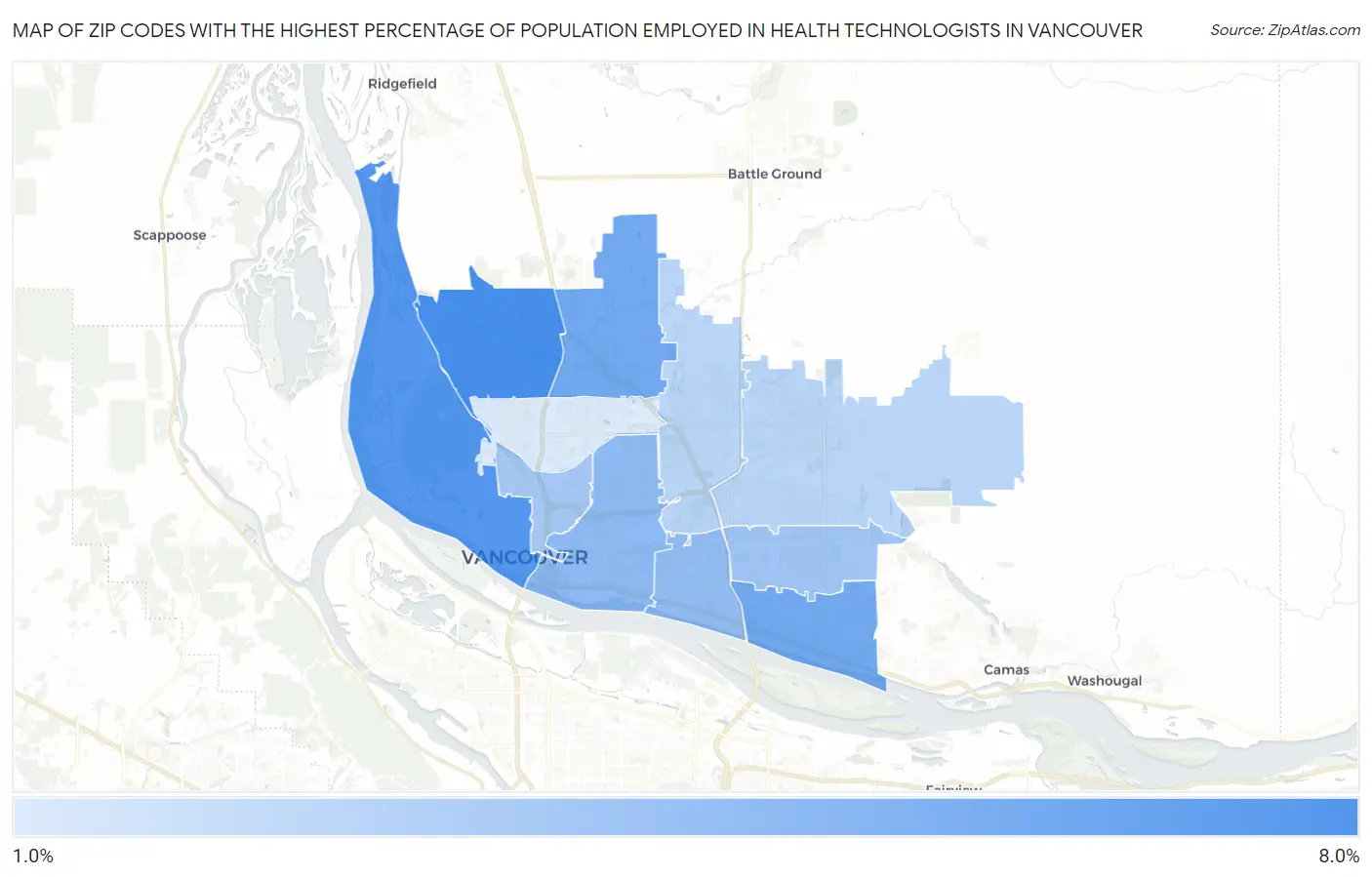 Zip Codes with the Highest Percentage of Population Employed in Health Technologists in Vancouver Map
