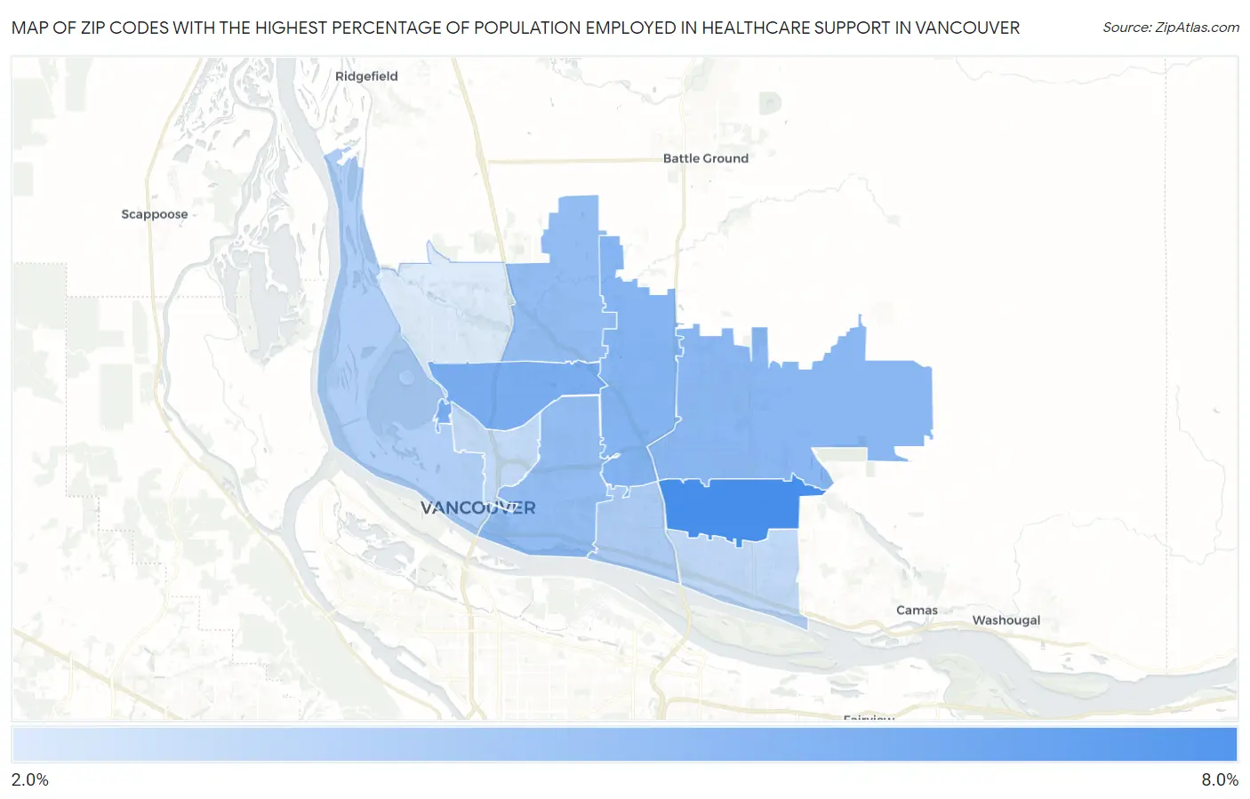 Zip Codes with the Highest Percentage of Population Employed in Healthcare Support in Vancouver Map
