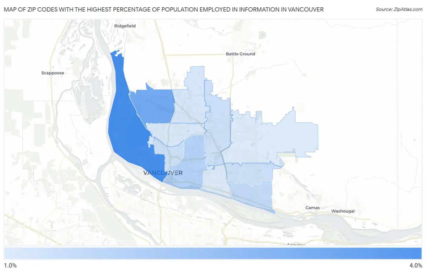 Zip Codes with the Highest Percentage of Population Employed in Information in Vancouver Map