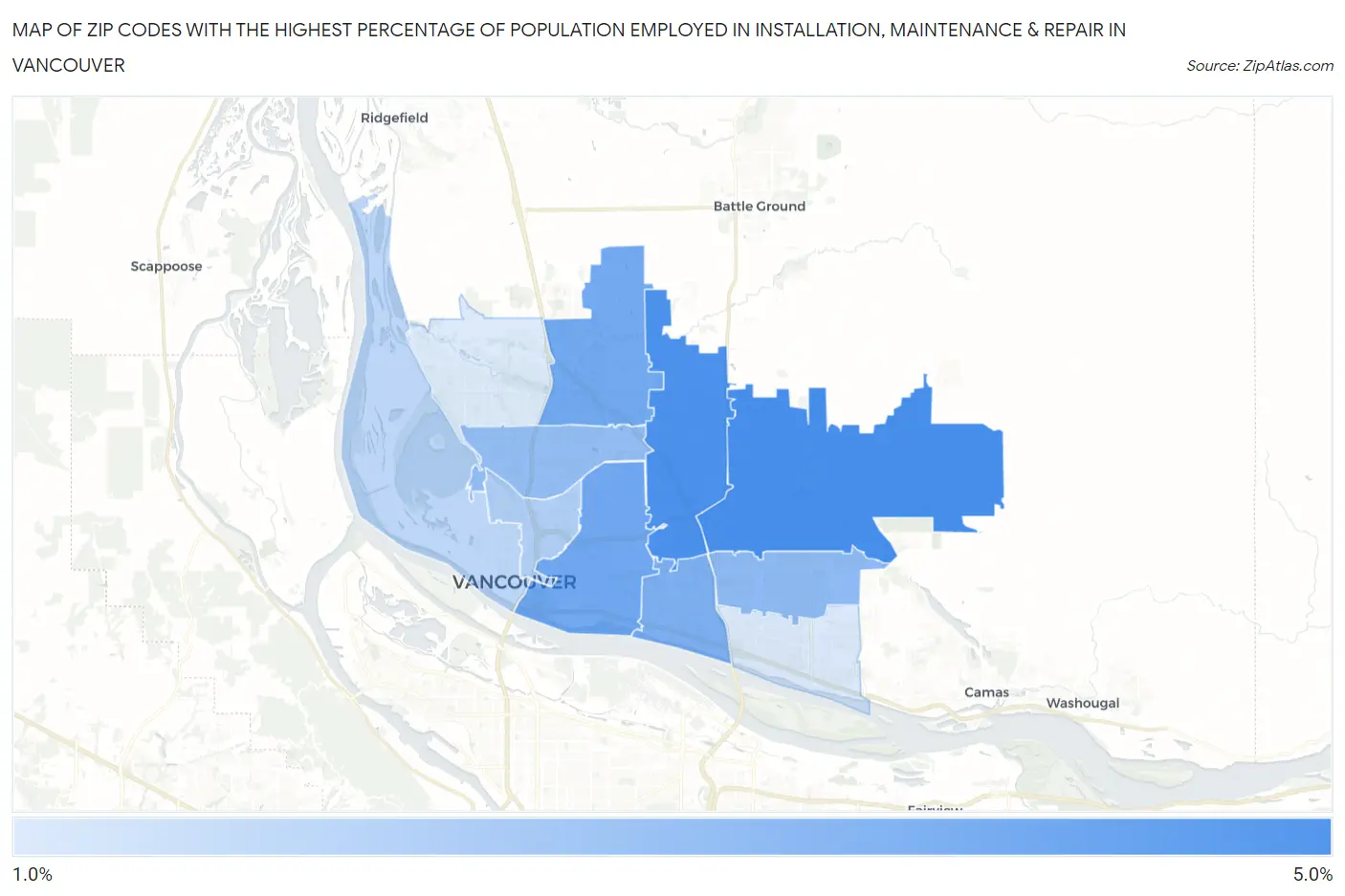 Zip Codes with the Highest Percentage of Population Employed in Installation, Maintenance & Repair in Vancouver Map