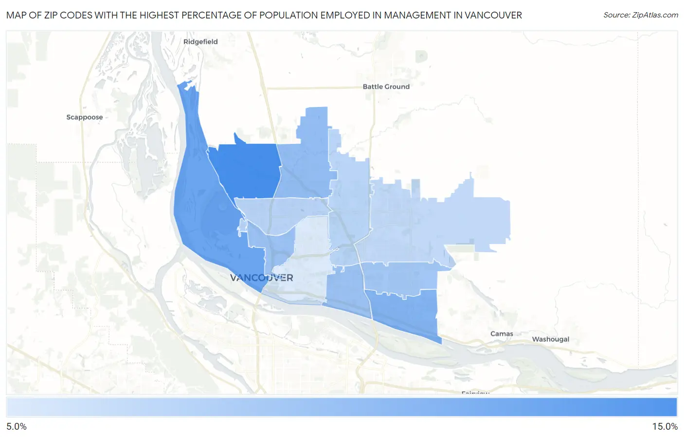 Zip Codes with the Highest Percentage of Population Employed in Management in Vancouver Map
