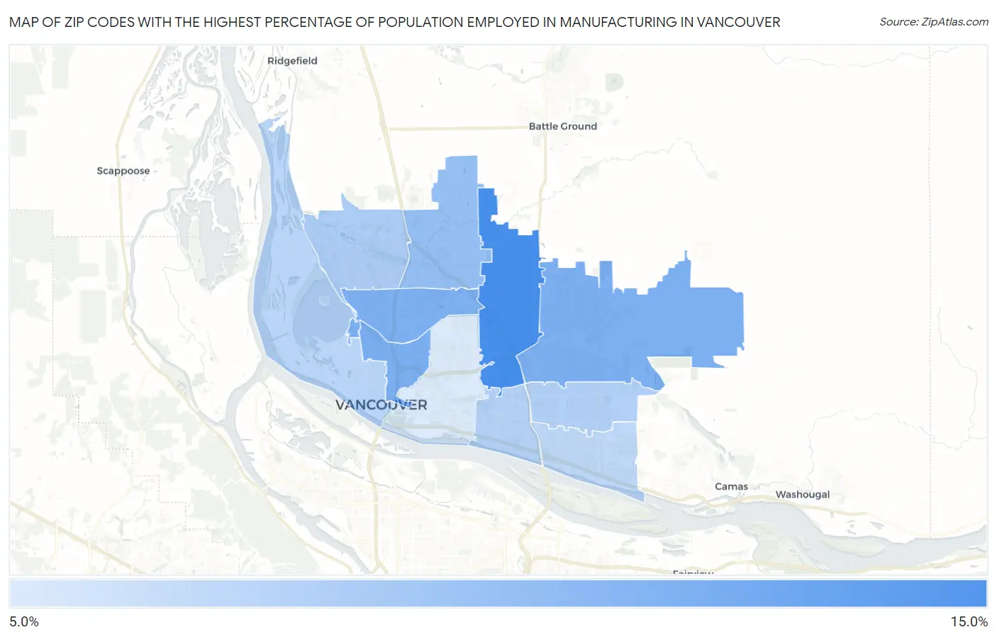 Zip Codes with the Highest Percentage of Population Employed in Manufacturing in Vancouver Map