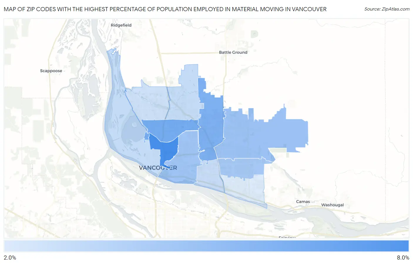 Zip Codes with the Highest Percentage of Population Employed in Material Moving in Vancouver Map