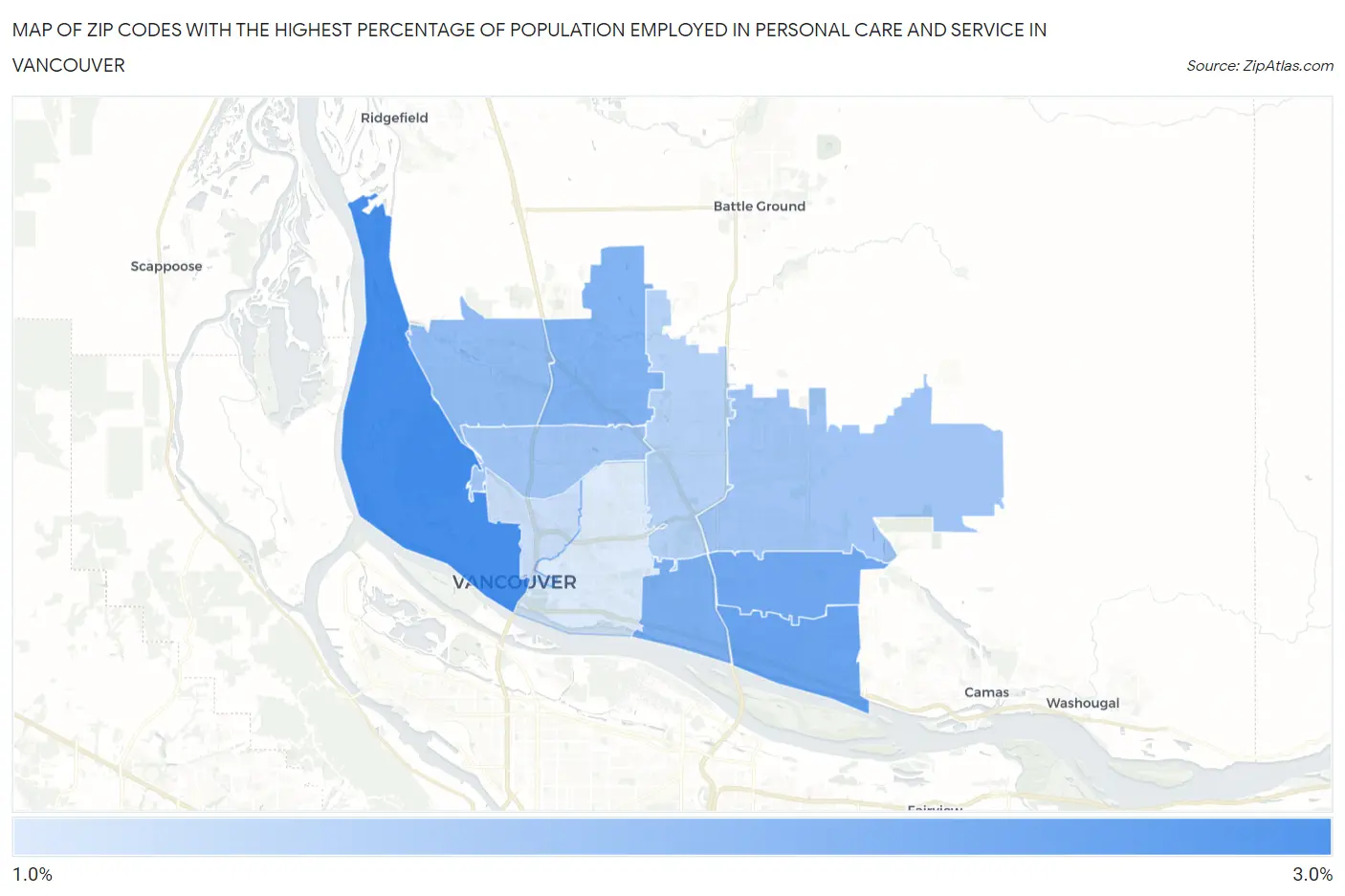 Zip Codes with the Highest Percentage of Population Employed in Personal Care and Service in Vancouver Map