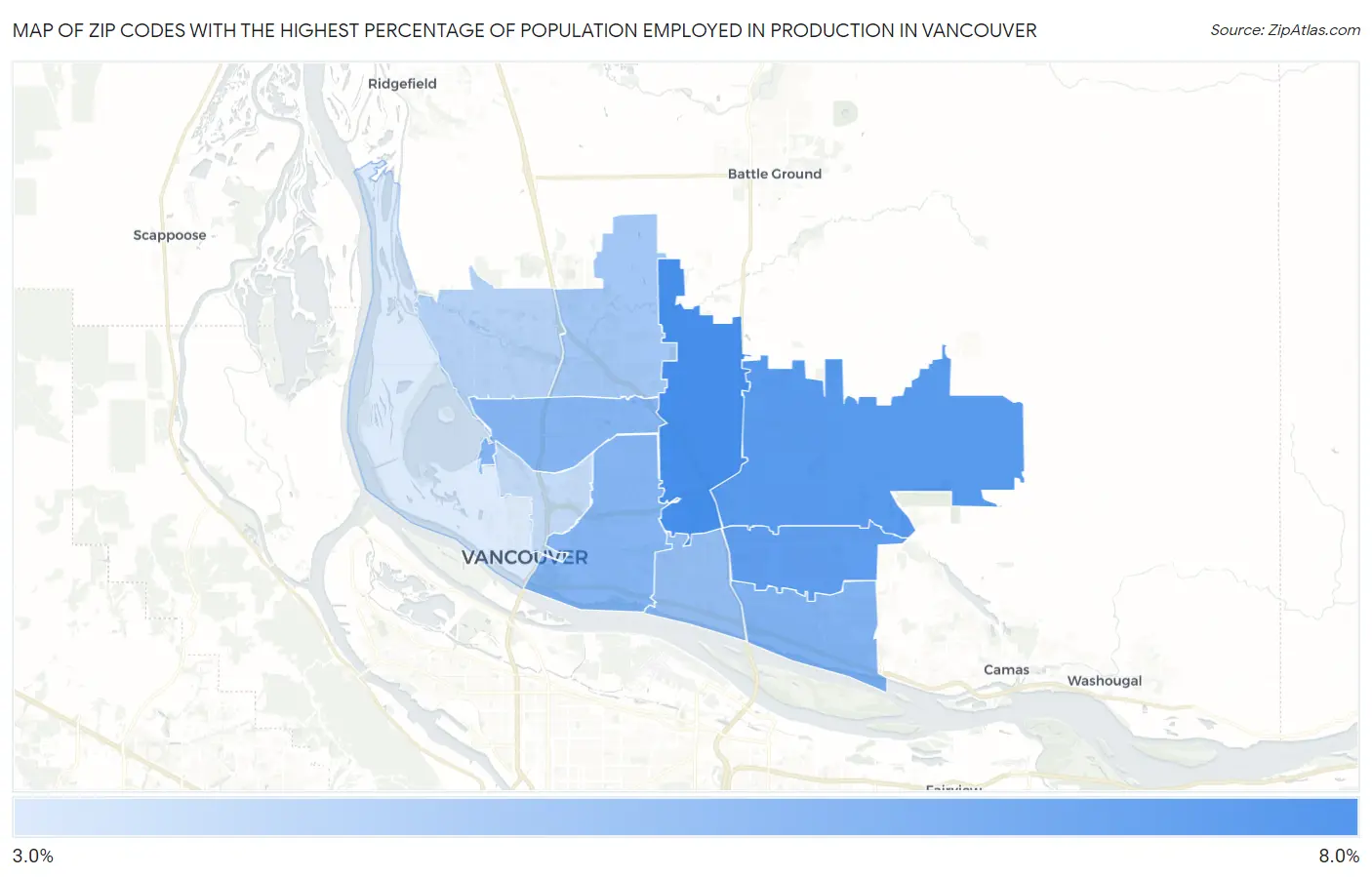 Zip Codes with the Highest Percentage of Population Employed in Production in Vancouver Map
