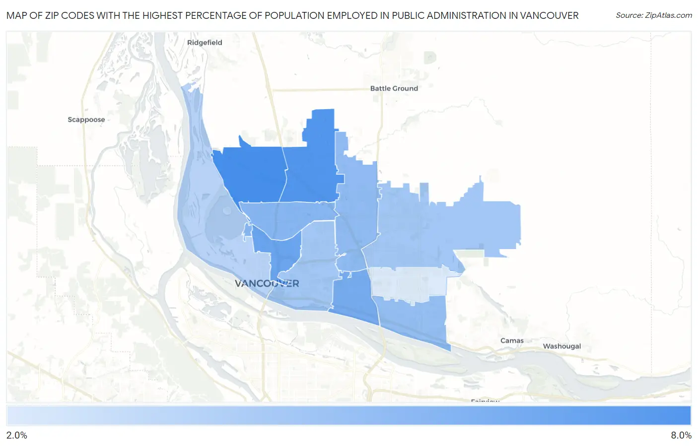 Zip Codes with the Highest Percentage of Population Employed in Public Administration in Vancouver Map
