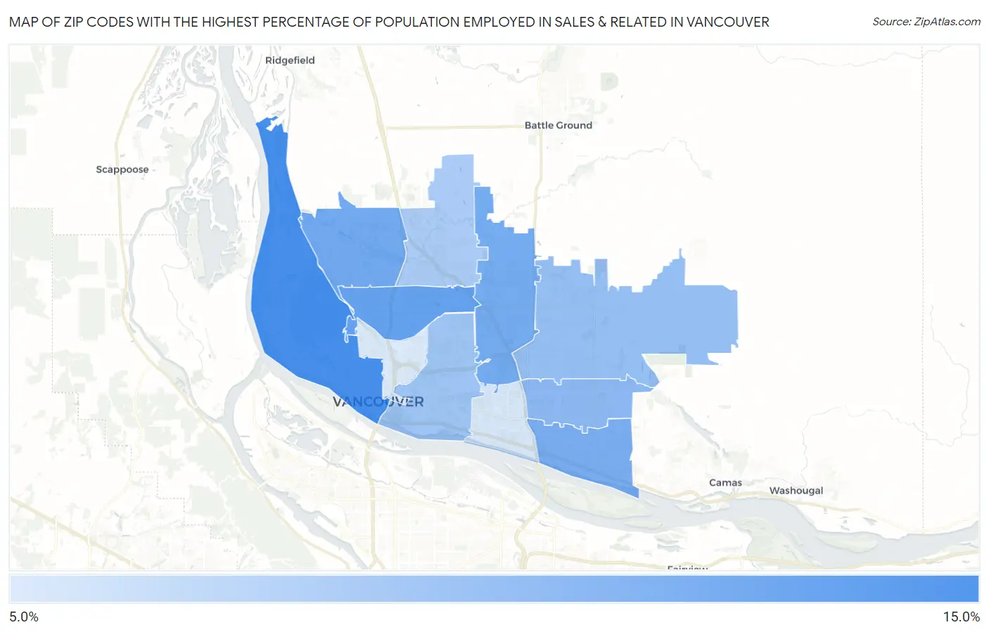 Zip Codes with the Highest Percentage of Population Employed in Sales & Related in Vancouver Map