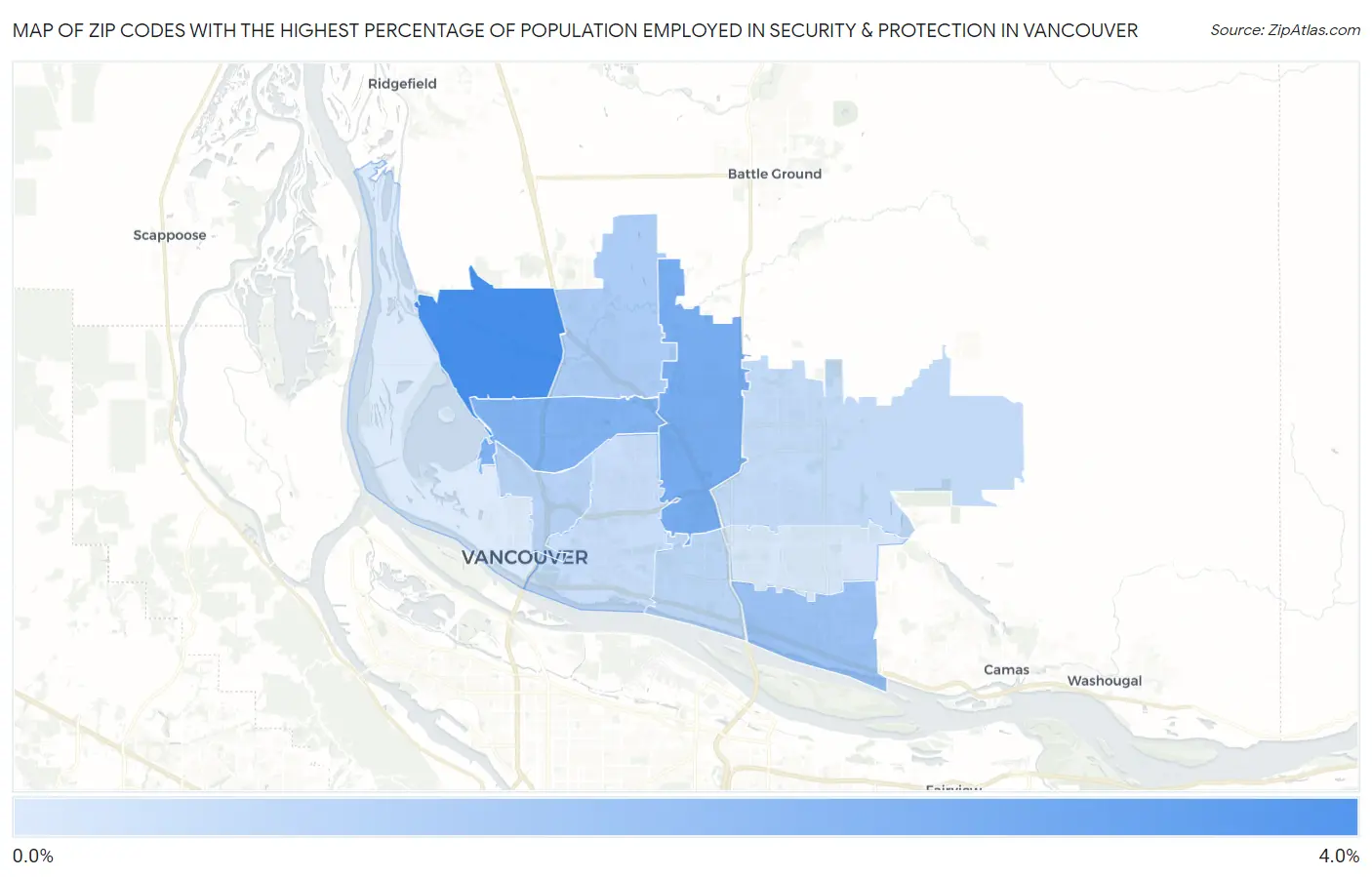 Zip Codes with the Highest Percentage of Population Employed in Security & Protection in Vancouver Map