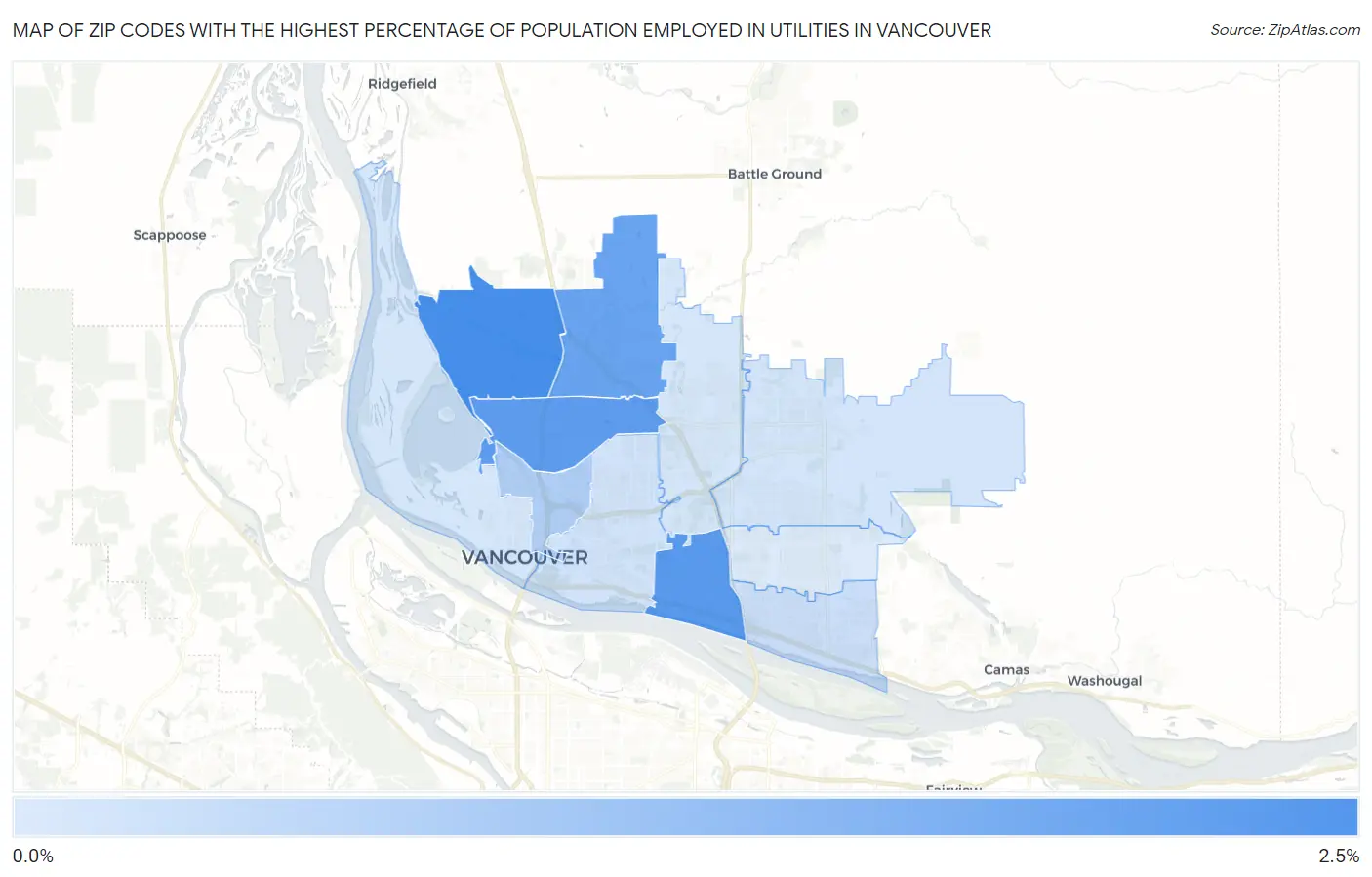 Zip Codes with the Highest Percentage of Population Employed in Utilities in Vancouver Map