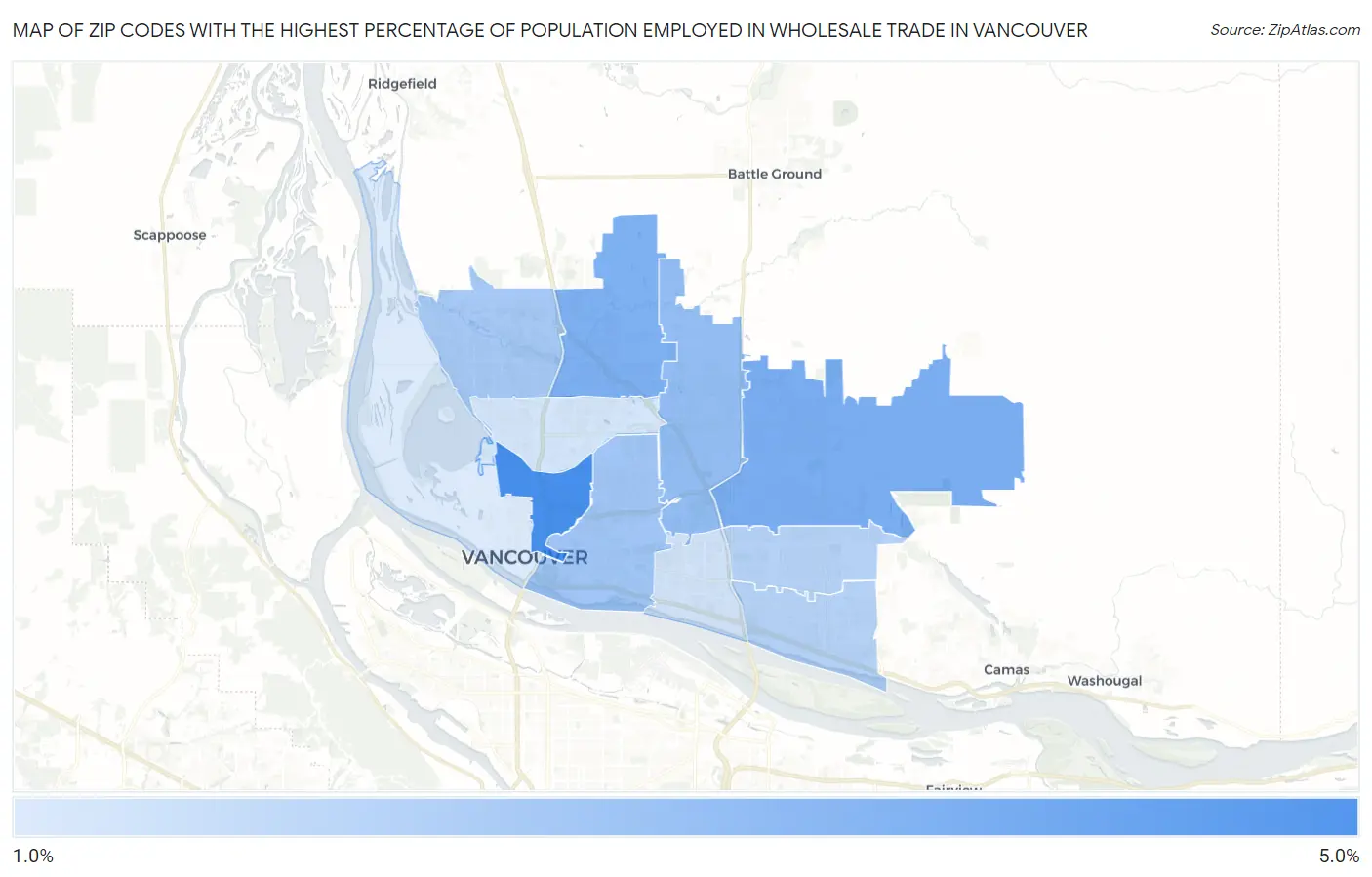 Zip Codes with the Highest Percentage of Population Employed in Wholesale Trade in Vancouver Map