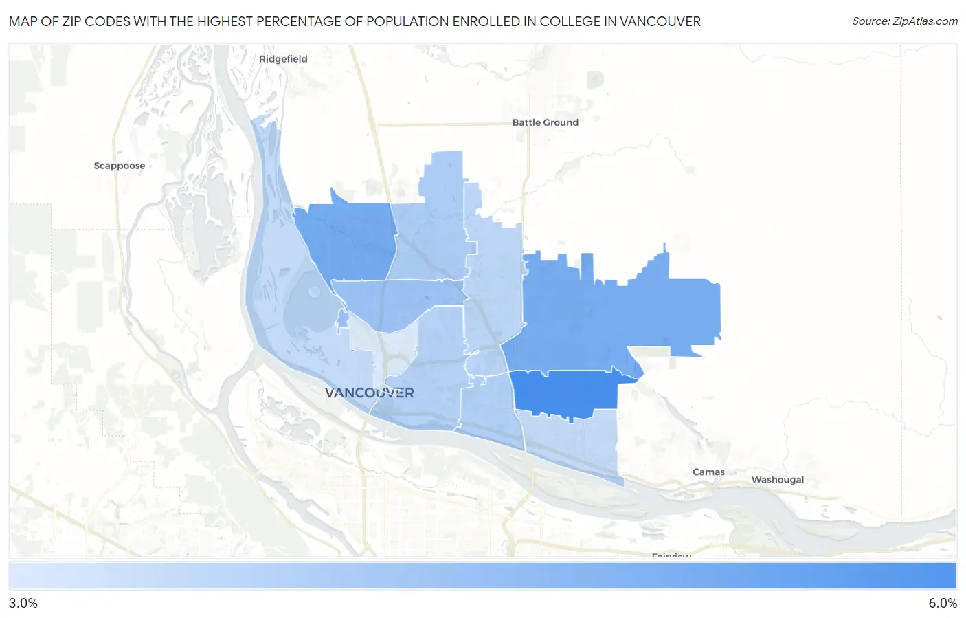 Zip Codes with the Highest Percentage of Population Enrolled in College in Vancouver Map