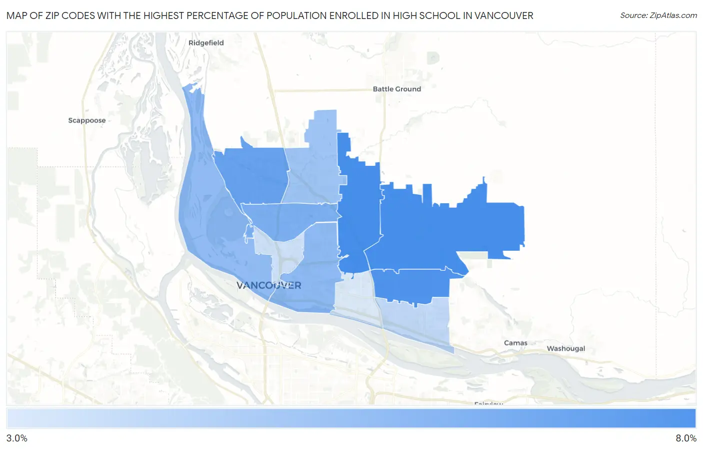 Zip Codes with the Highest Percentage of Population Enrolled in High School in Vancouver Map