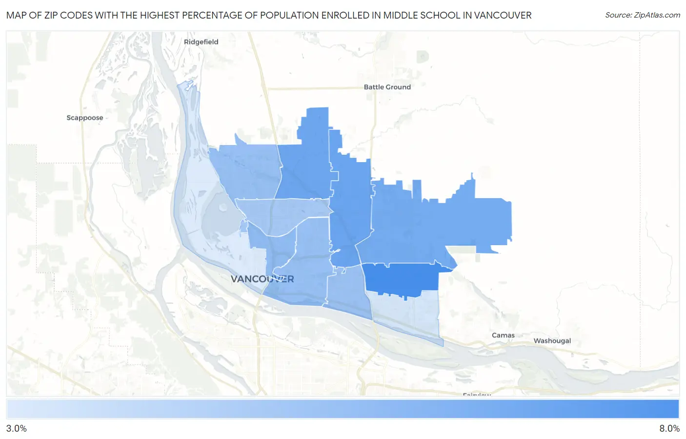 Zip Codes with the Highest Percentage of Population Enrolled in Middle School in Vancouver Map