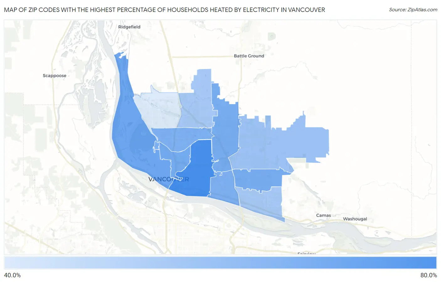 Zip Codes with the Highest Percentage of Households Heated by Electricity in Vancouver Map