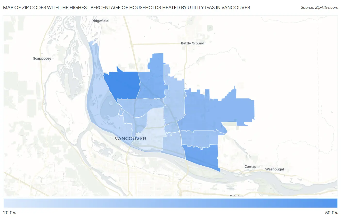 Zip Codes with the Highest Percentage of Households Heated by Utility Gas in Vancouver Map