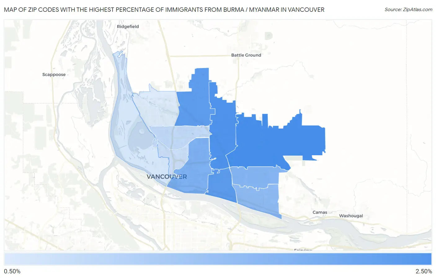 Zip Codes with the Highest Percentage of Immigrants from Burma / Myanmar in Vancouver Map