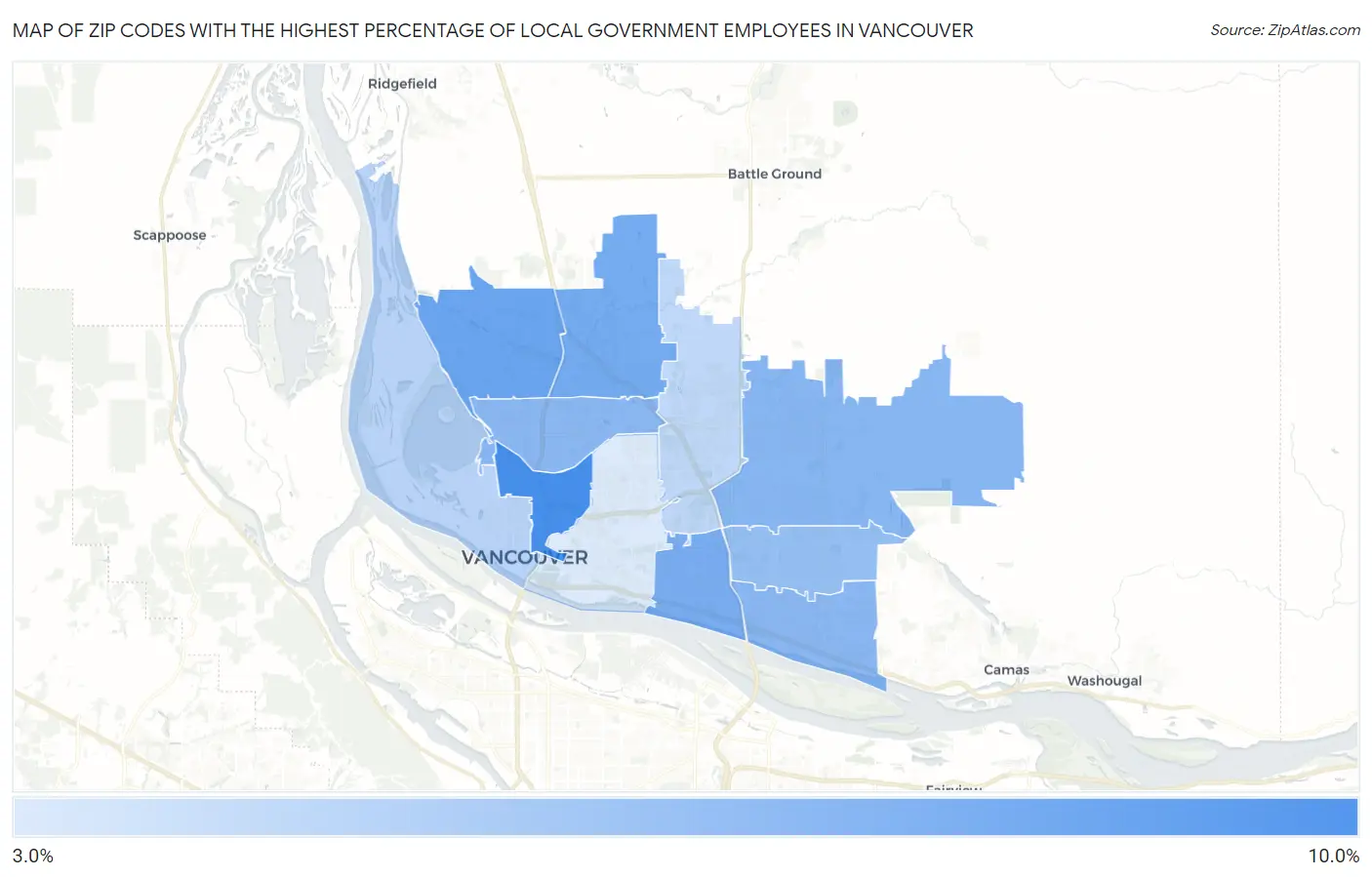 Zip Codes with the Highest Percentage of Local Government Employees in Vancouver Map