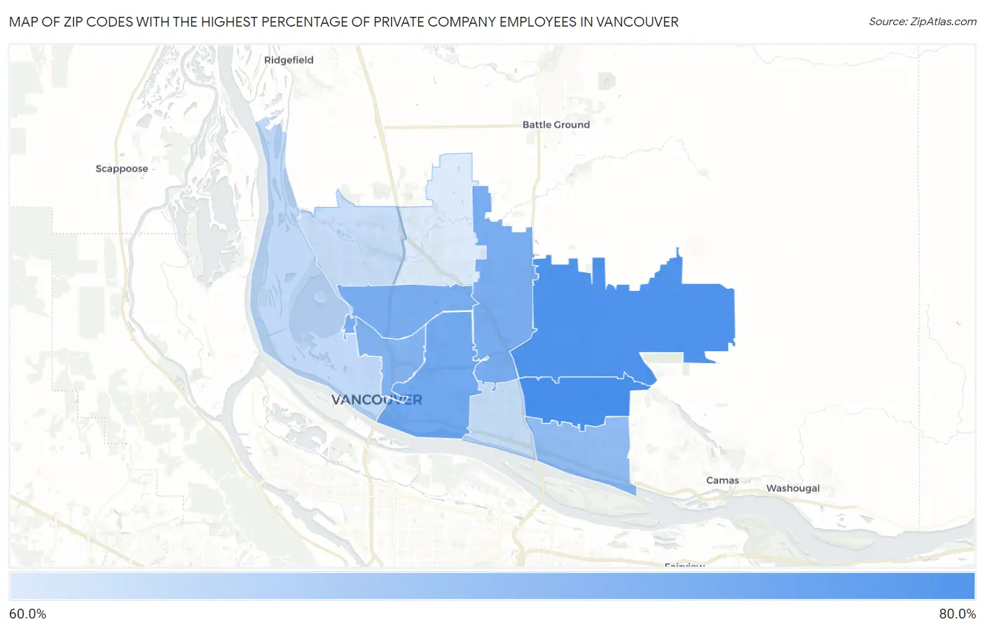Zip Codes with the Highest Percentage of Private Company Employees in Vancouver Map