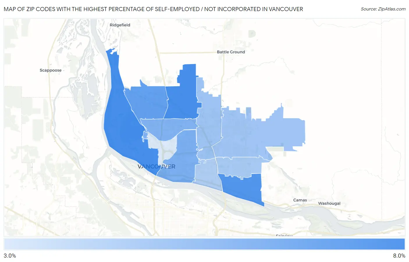Zip Codes with the Highest Percentage of Self-Employed / Not Incorporated in Vancouver Map