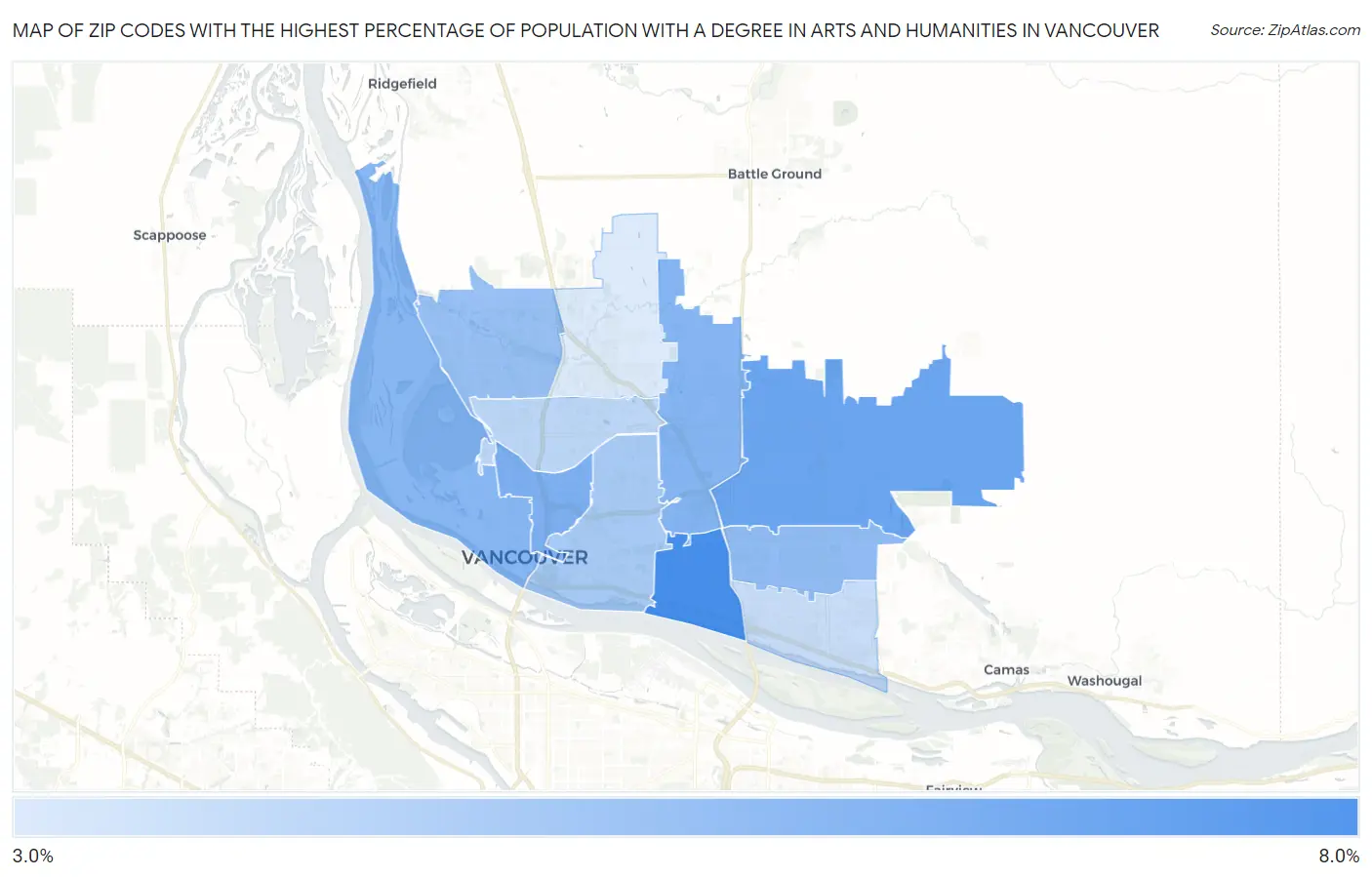 Zip Codes with the Highest Percentage of Population with a Degree in Arts and Humanities in Vancouver Map