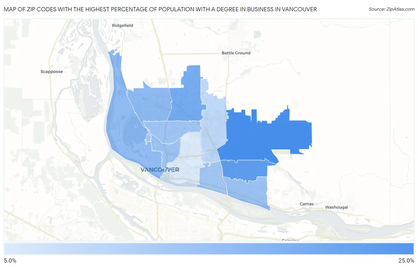 Zip Codes with the Highest Percentage of Population with a Degree in Business in Vancouver Map