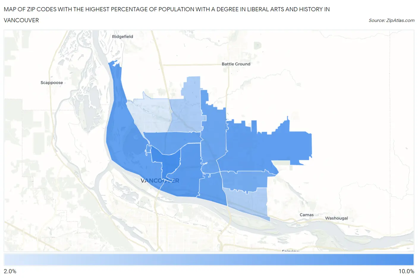 Zip Codes with the Highest Percentage of Population with a Degree in Liberal Arts and History in Vancouver Map