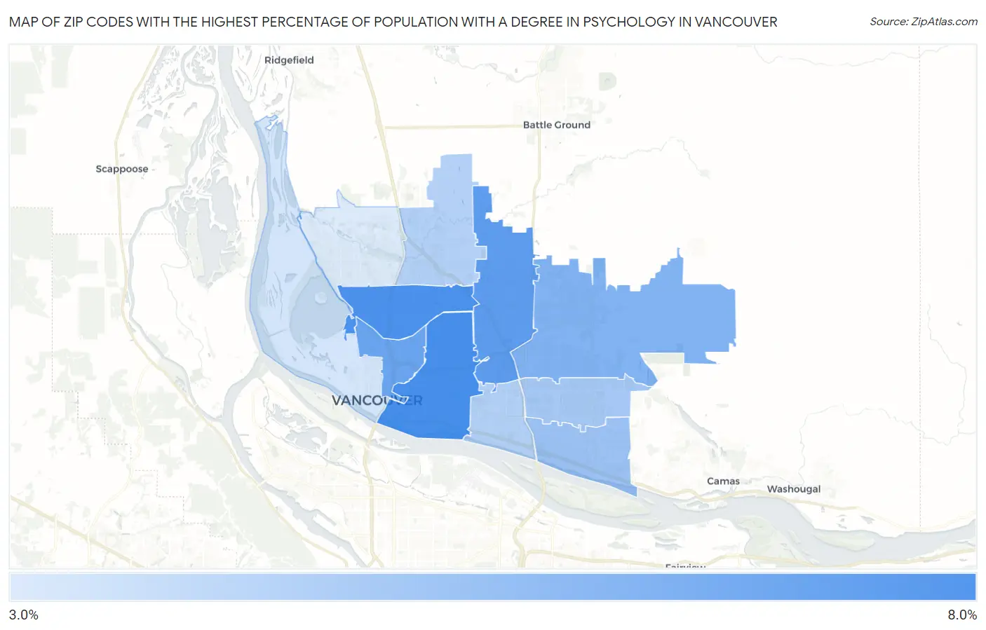 Zip Codes with the Highest Percentage of Population with a Degree in Psychology in Vancouver Map