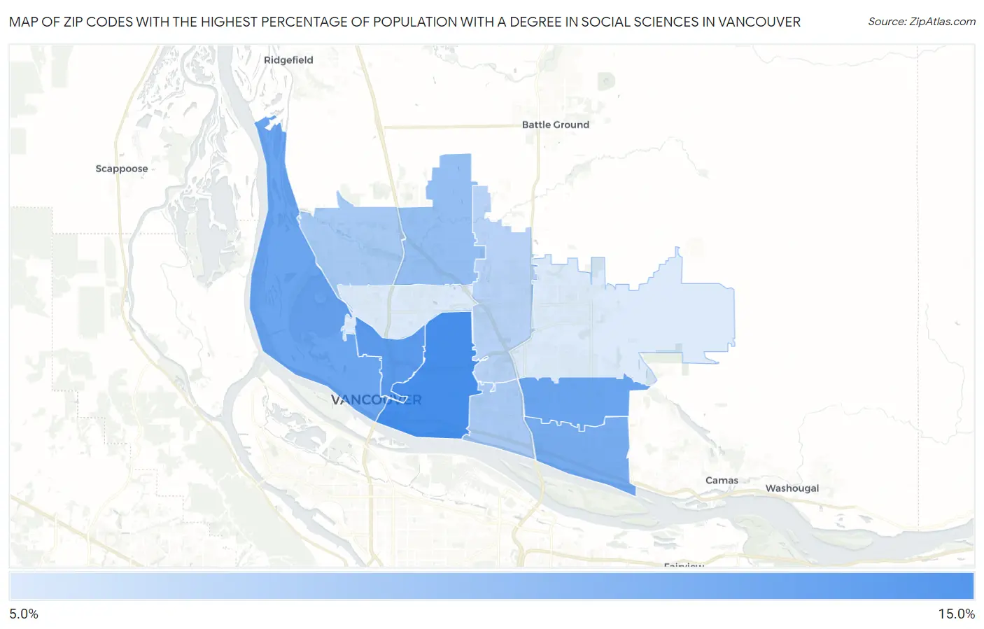 Zip Codes with the Highest Percentage of Population with a Degree in Social Sciences in Vancouver Map