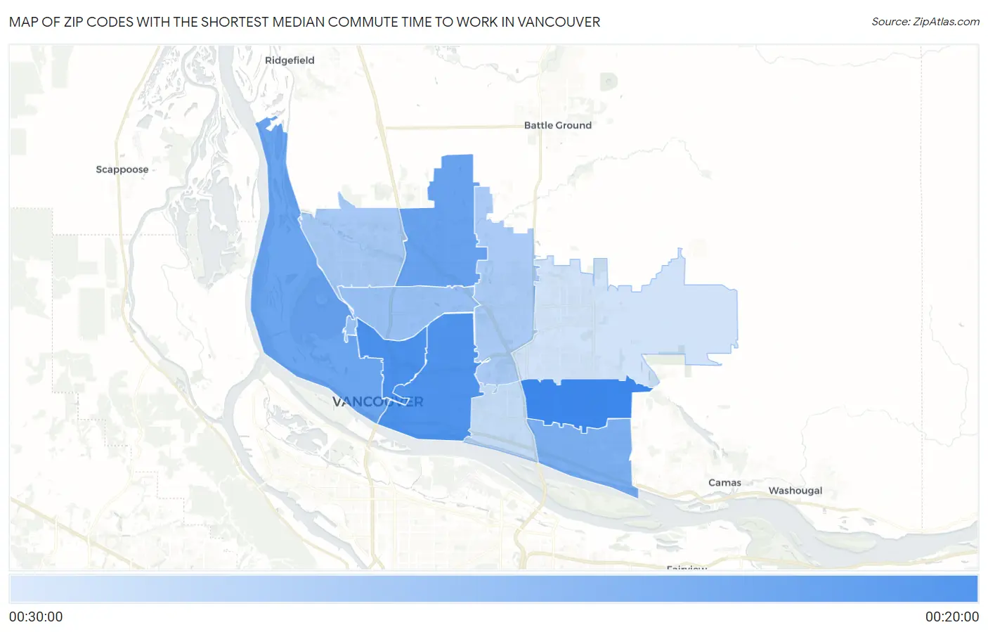 Zip Codes with the Shortest Median Commute Time to Work in Vancouver Map