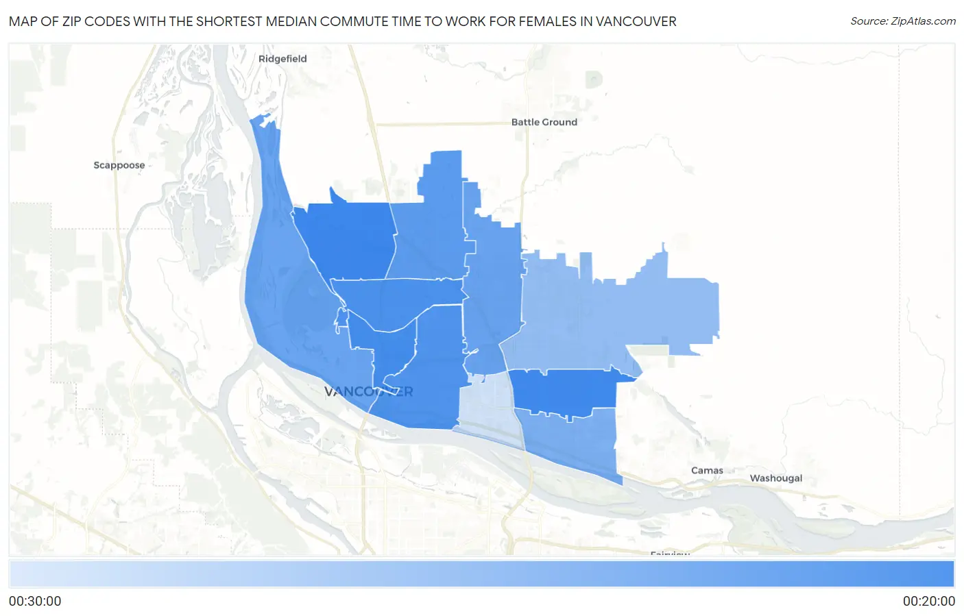 Zip Codes with the Shortest Median Commute Time to Work for Females in Vancouver Map