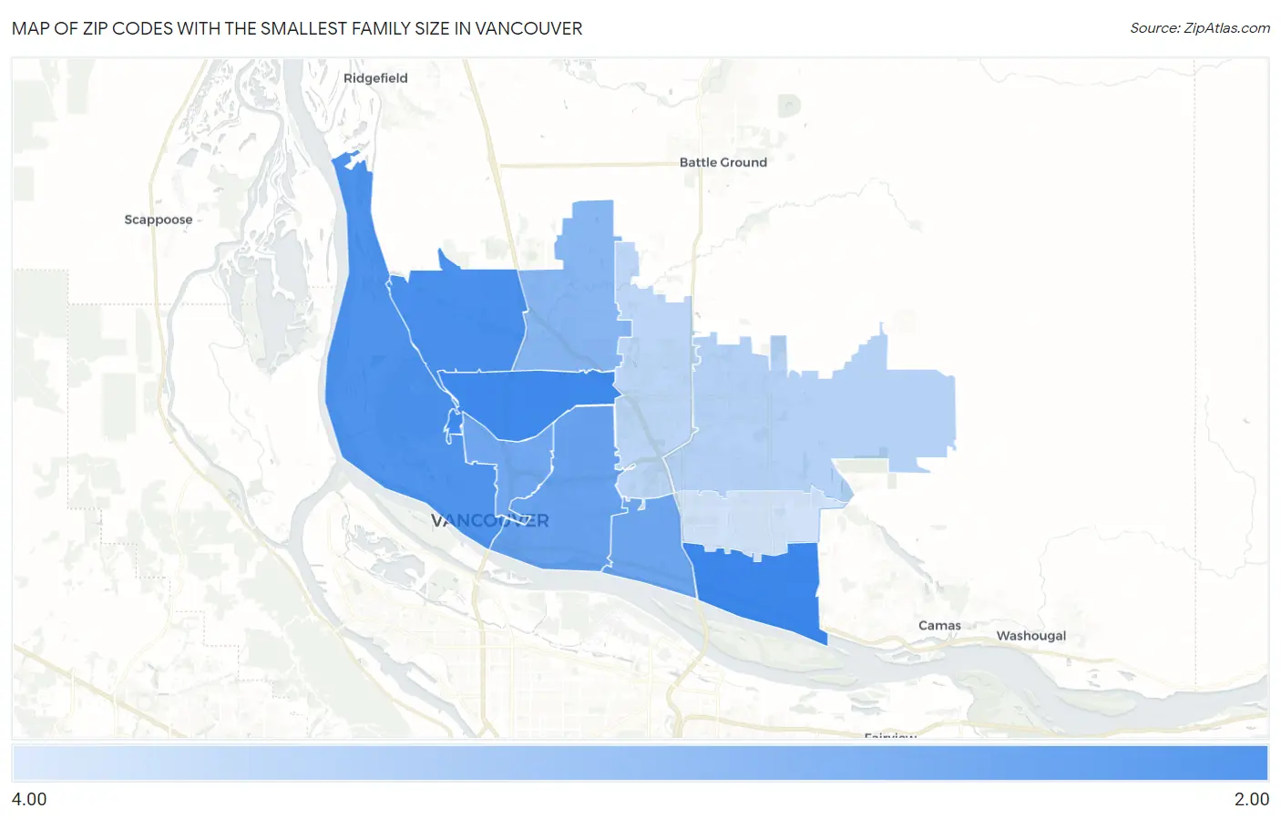 Zip Codes with the Smallest Family Size in Vancouver Map