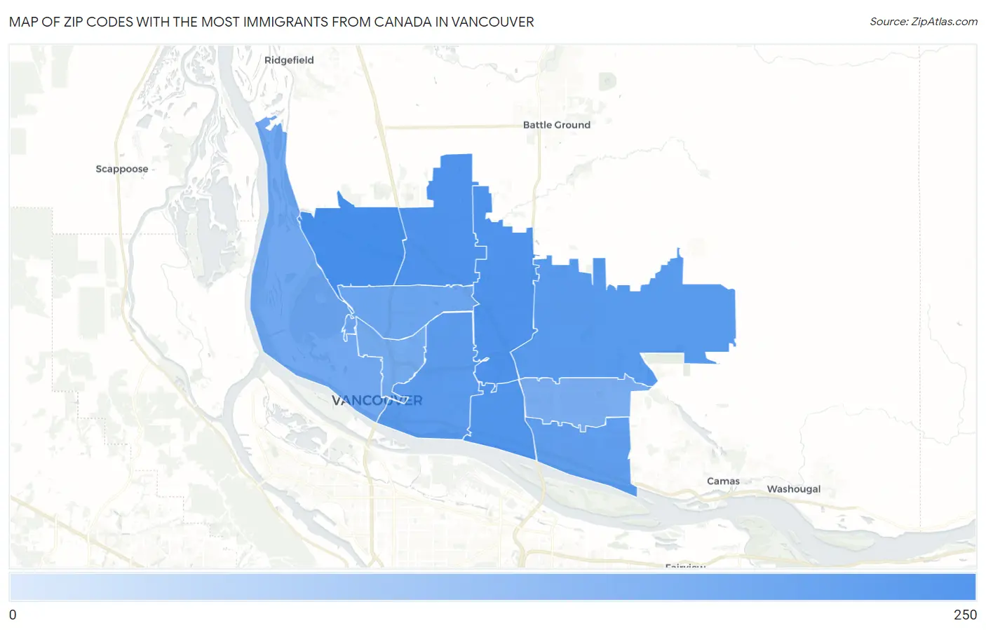 Zip Codes with the Most Immigrants from Canada in Vancouver Map