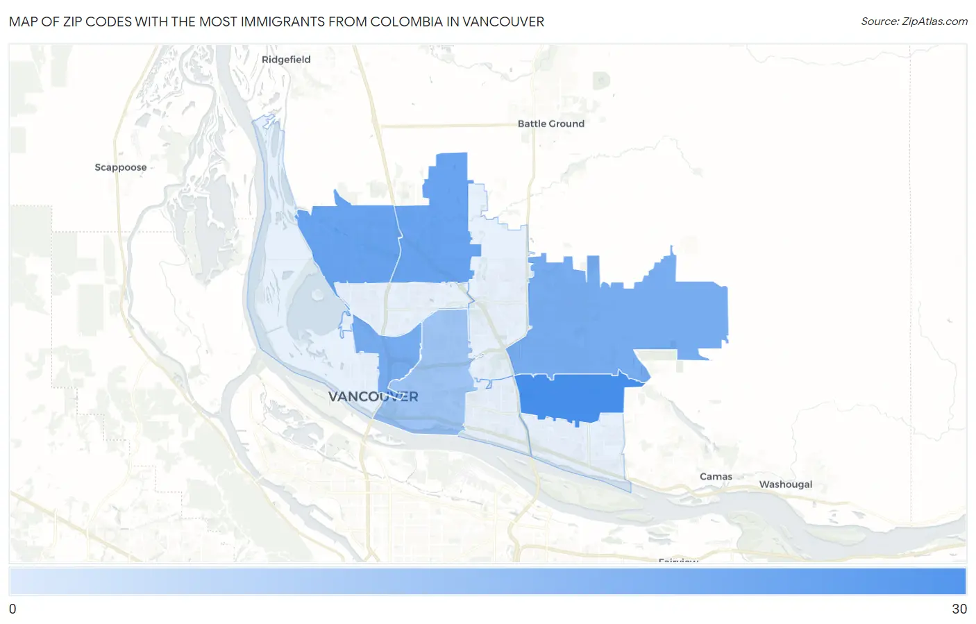 Zip Codes with the Most Immigrants from Colombia in Vancouver Map
