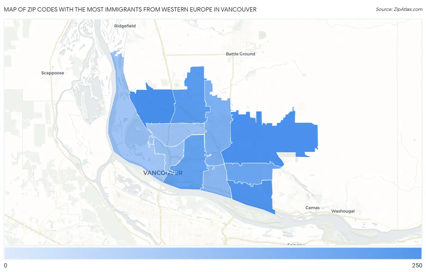 Zip Codes with the Most Immigrants from Western Europe in Vancouver Map