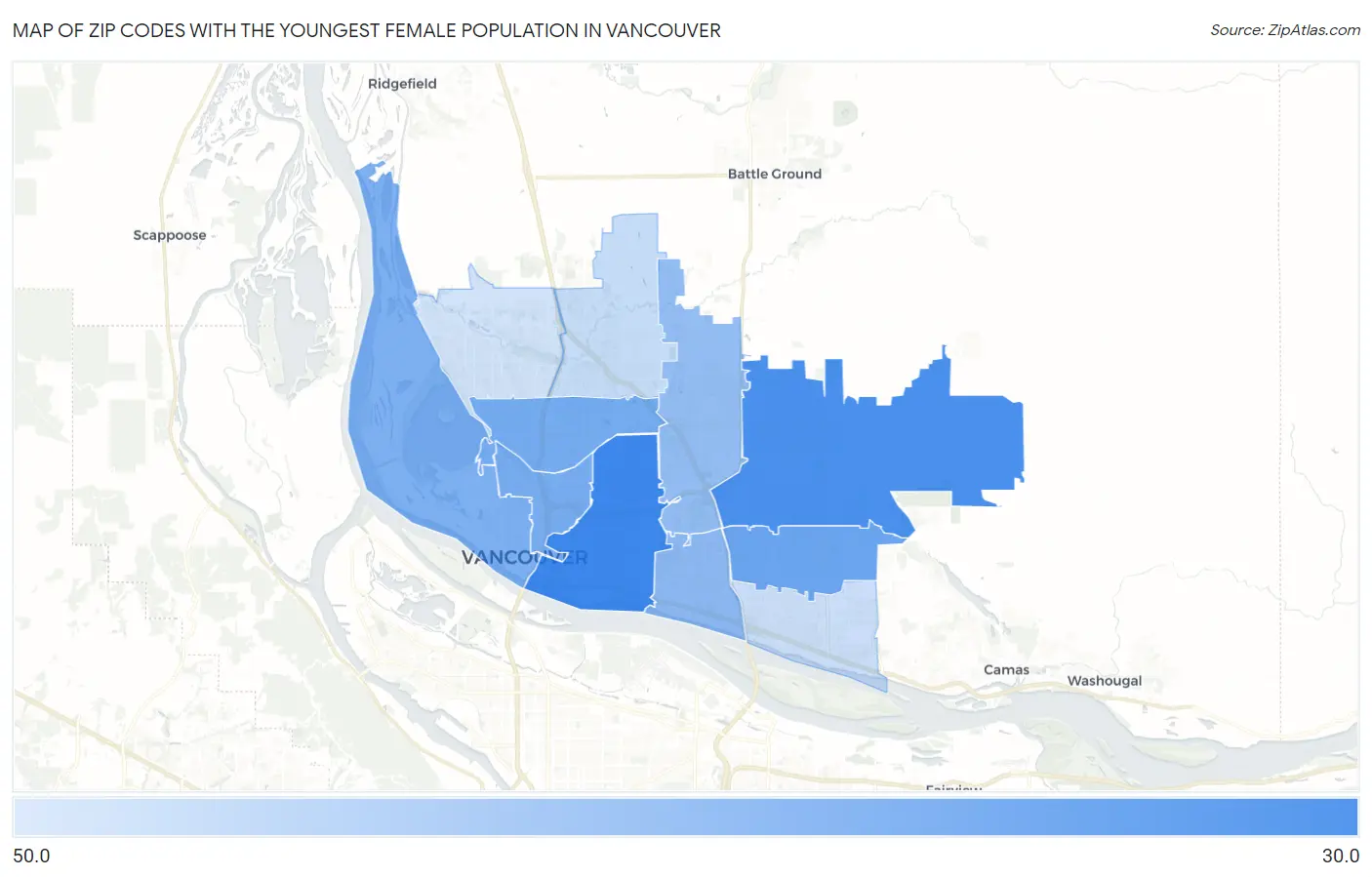 Zip Codes with the Youngest Female Population in Vancouver Map
