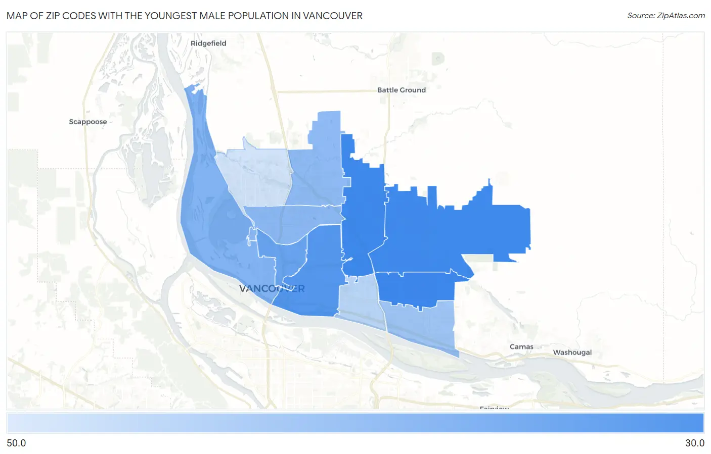 Zip Codes with the Youngest Male Population in Vancouver Map