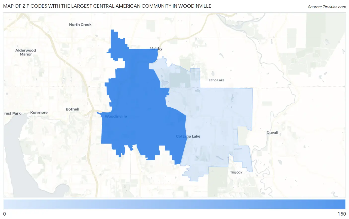 Zip Codes with the Largest Central American Community in Woodinville Map