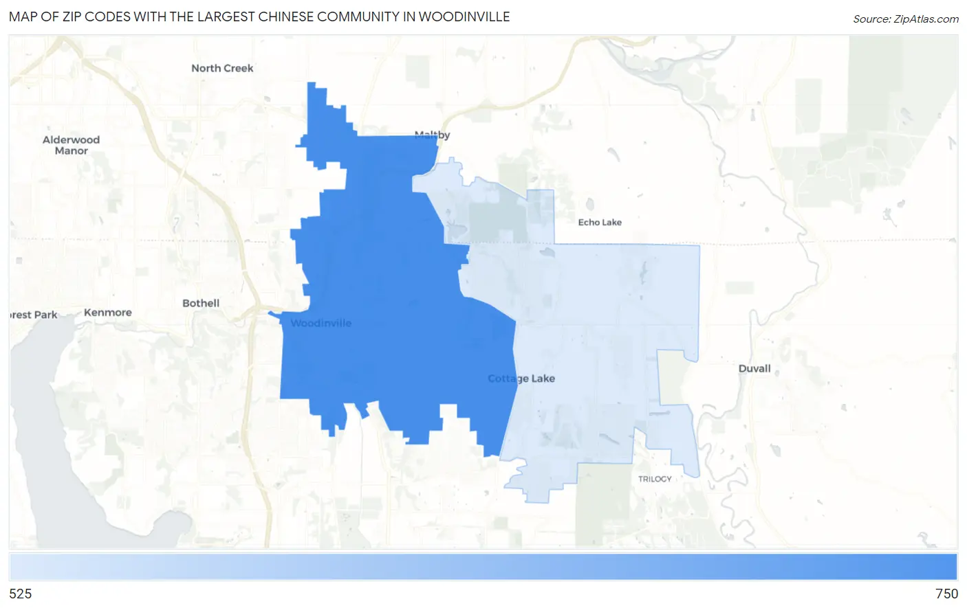 Zip Codes with the Largest Chinese Community in Woodinville Map