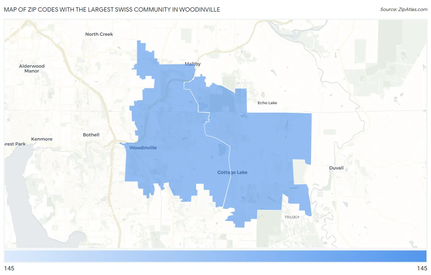 Zip Codes with the Largest Swiss Community in Woodinville Map