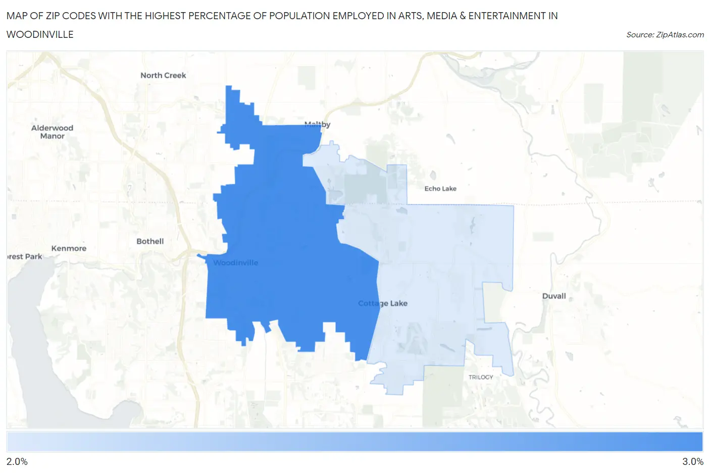 Zip Codes with the Highest Percentage of Population Employed in Arts, Media & Entertainment in Woodinville Map
