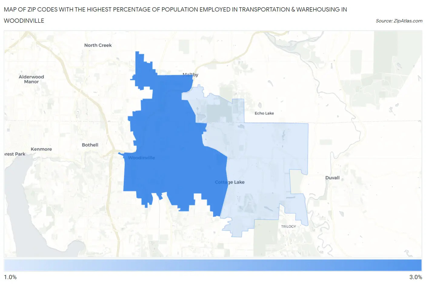 Zip Codes with the Highest Percentage of Population Employed in Transportation & Warehousing in Woodinville Map