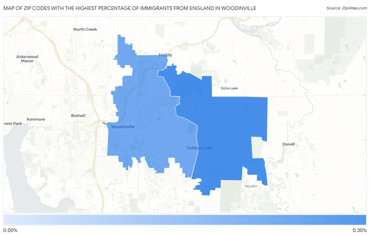 Zip Codes with the Highest Percentage of Immigrants from England in Woodinville Map