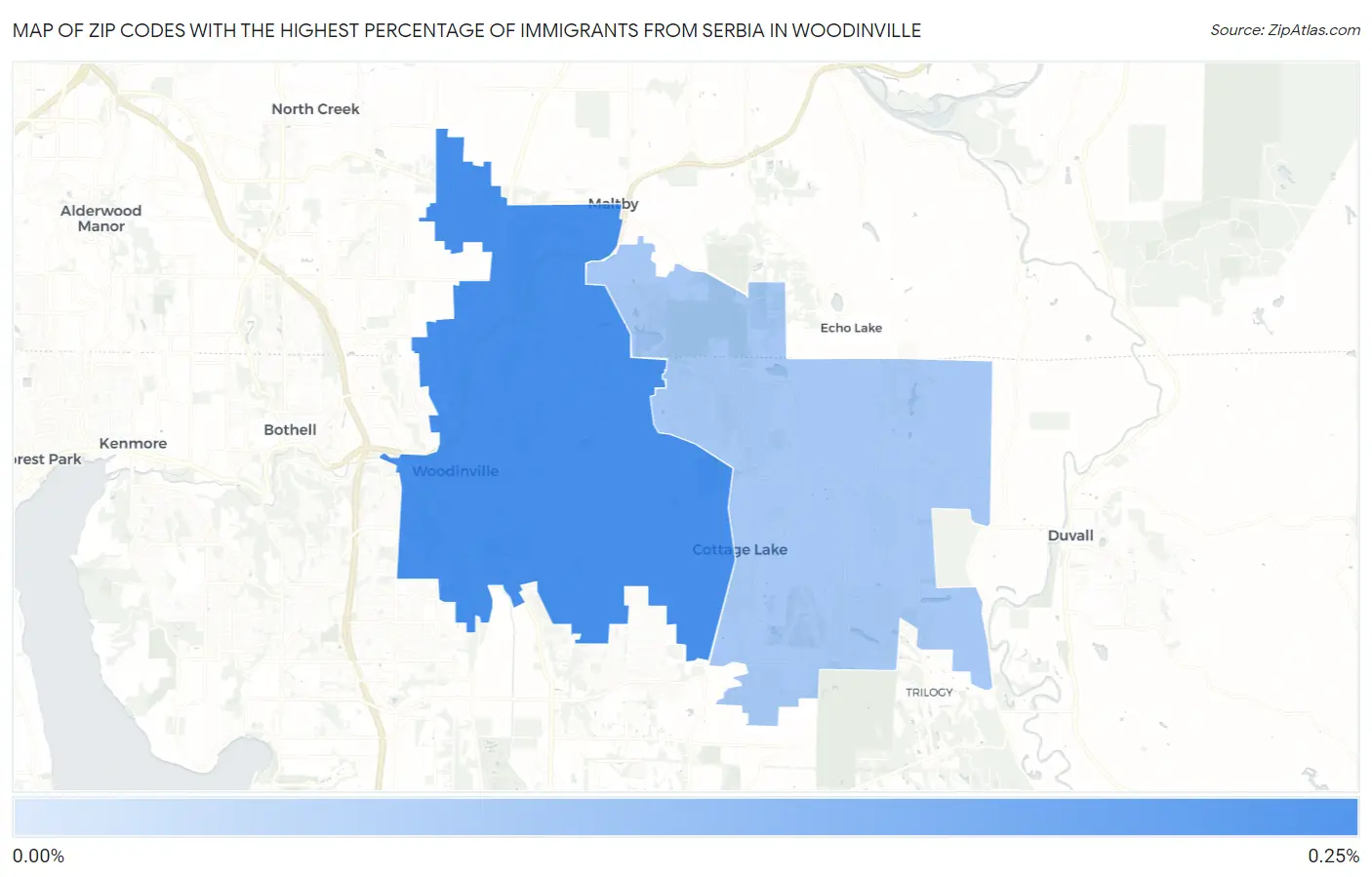 Zip Codes with the Highest Percentage of Immigrants from Serbia in Woodinville Map
