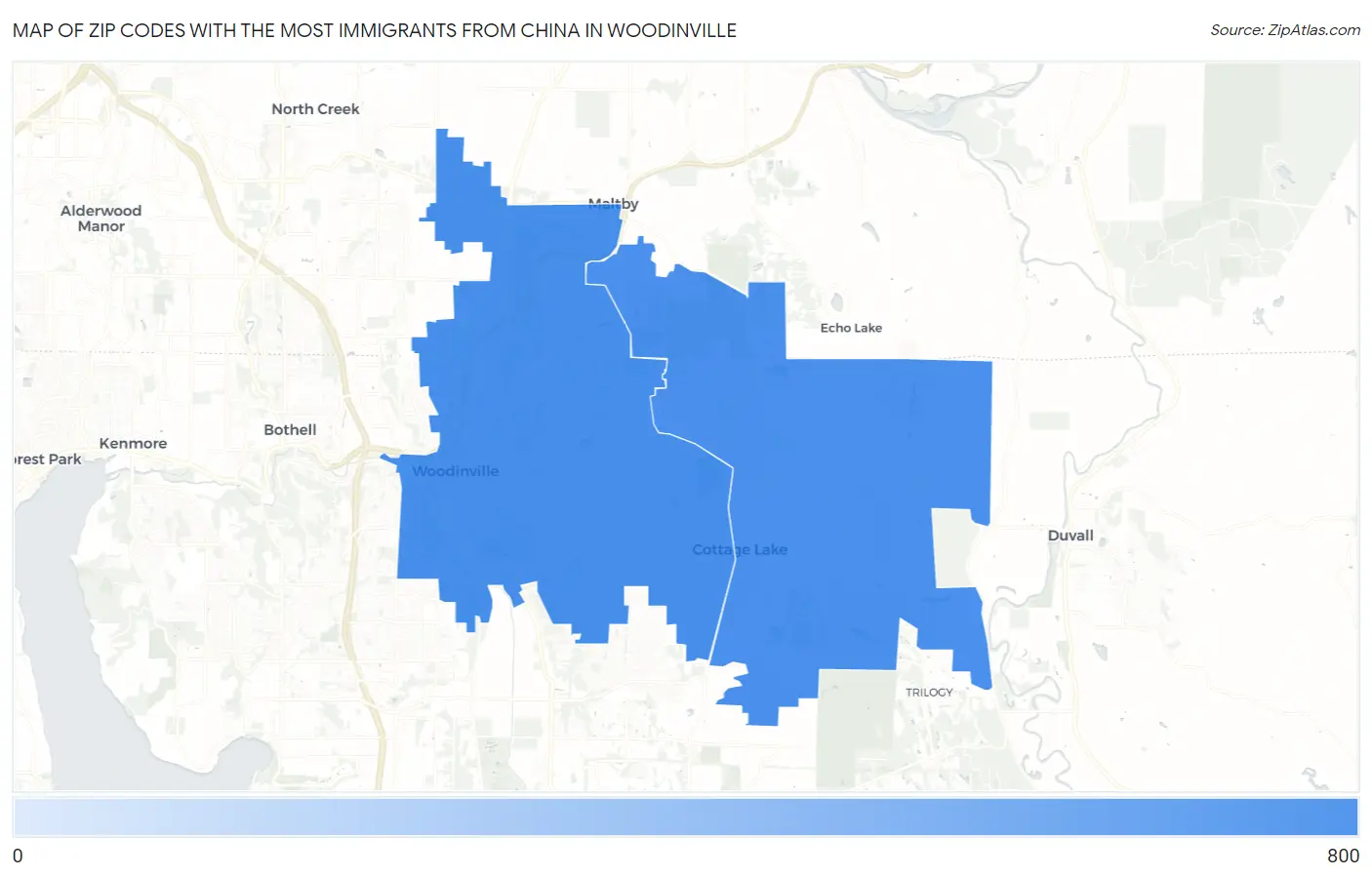 Zip Codes with the Most Immigrants from China in Woodinville Map