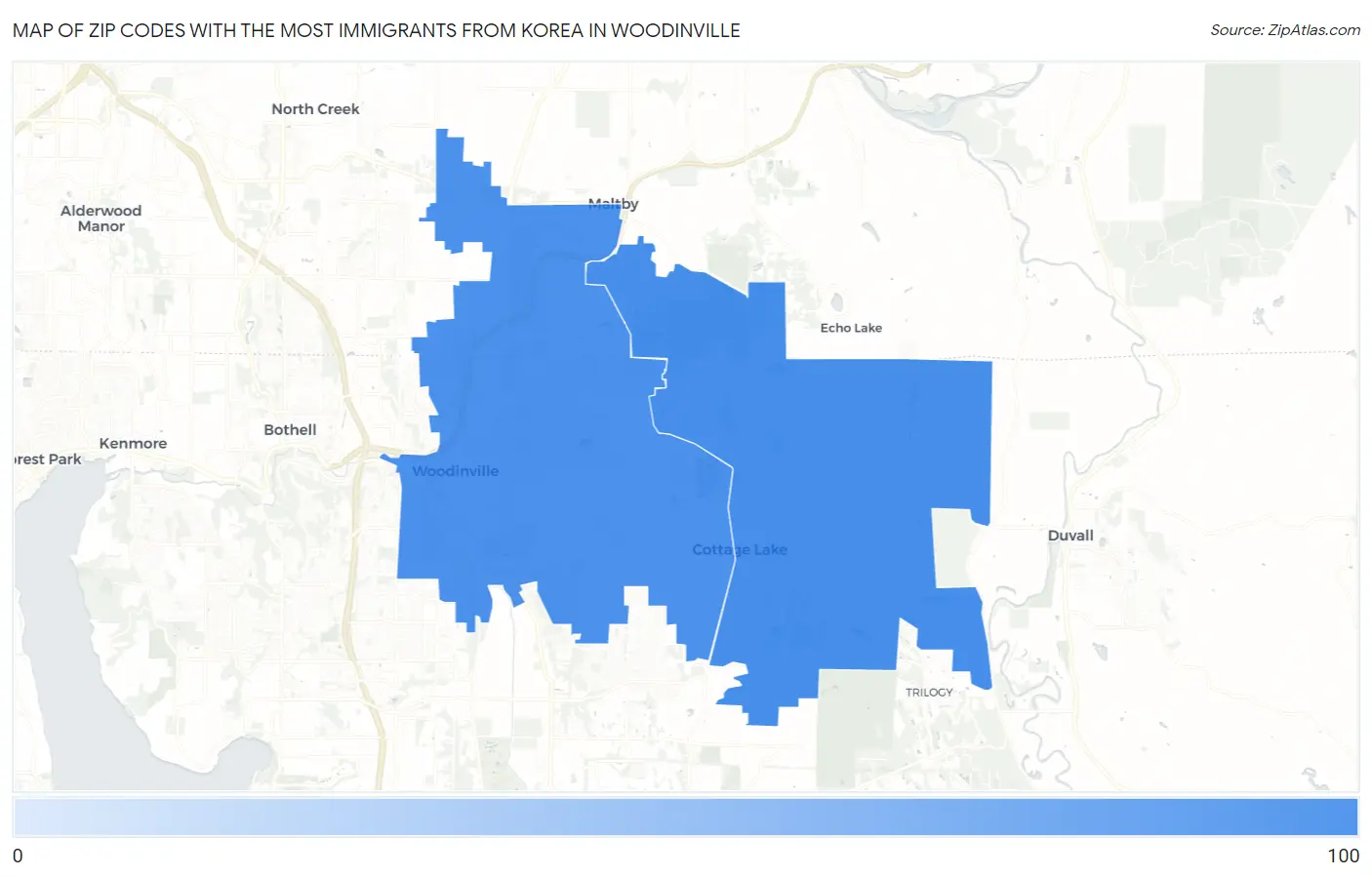 Zip Codes with the Most Immigrants from Korea in Woodinville Map