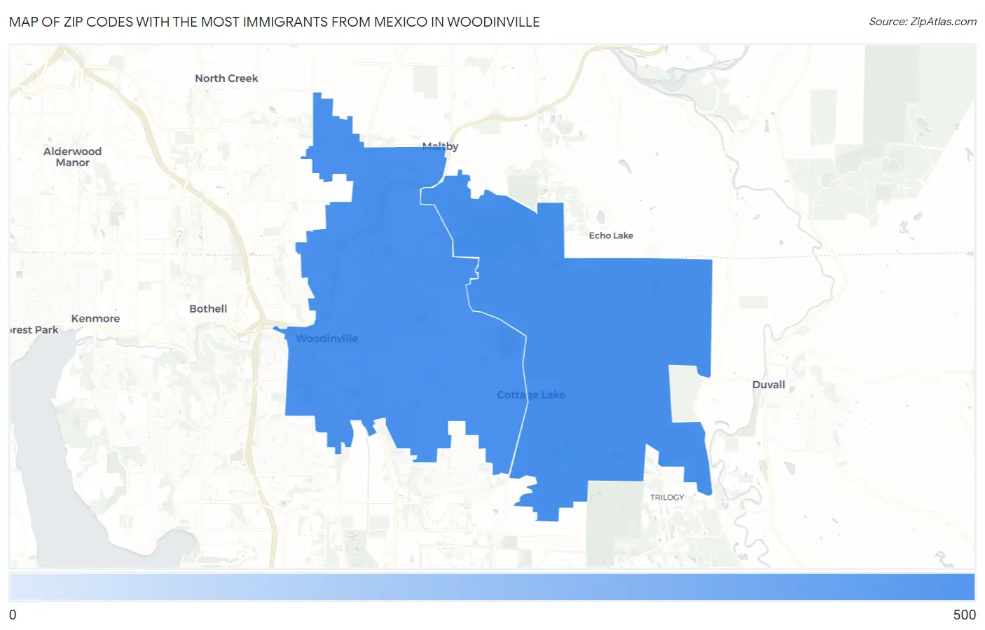 Zip Codes with the Most Immigrants from Mexico in Woodinville Map